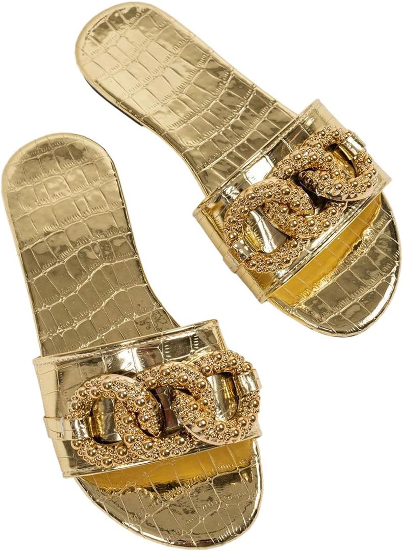 GORGLITTER Women's Metallic Chain Flat Sandals Open Toe Slip on Dressy Summer Slides (8, Gold)