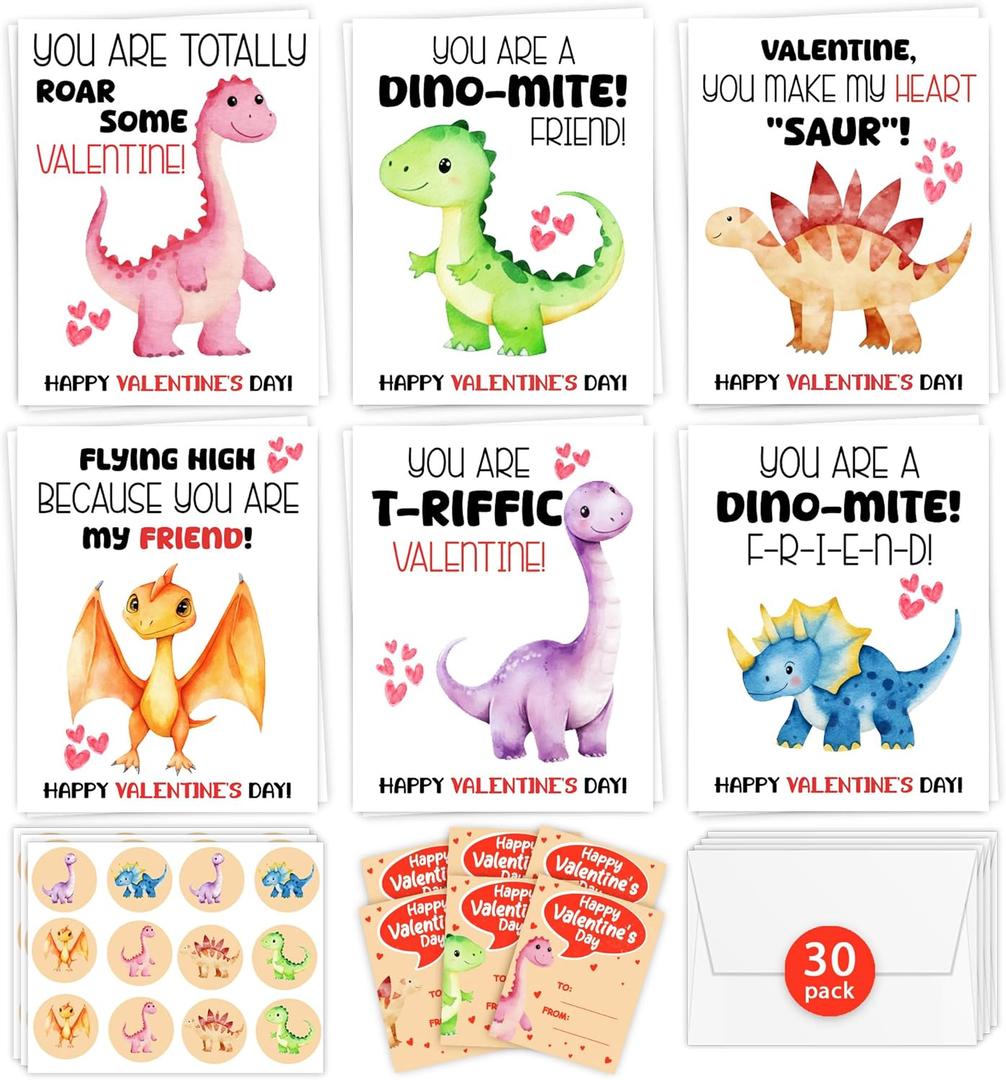 HIDEGRASS Dinosaur Valentine's Day Cards for Kids Classroom, 30 Pack Valentine Cards with 36 Stickers & 30 Envelops, Valentines Gifts for Boys Girls