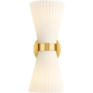 Gold Sconce Wall Lighting, HWH Single Wall Vanity Light Fixture Brushed Gold Wall Sconce Lamp, Modern Indoor Up Down Wall Light with Frosted Milk White Striped Glass Shade, 5HZG97B-2W BG