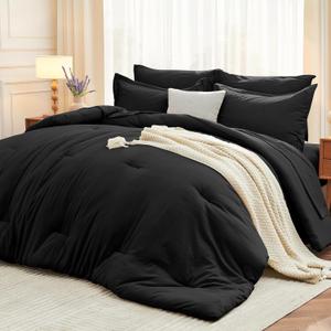 MUXHOMO 7 Pieces California King Comforter Set, Soft Bed in a Bag Cal King Size, All Season Bedding Set with Comforter, Flat Sheet, Fitted Sheet, Pillowcases & Shams, Black