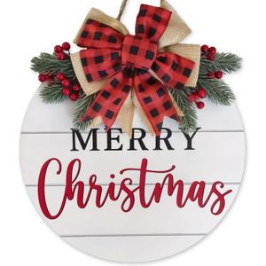 Merry Christmas Front Door Sign Vintage Wooden Xmas Hanging Wreath White Red Farmhouse Holiday Welcome Hanger for Tree Wall Window Porch Garden Home Decor Christmas Decoration Outdoor Indoor