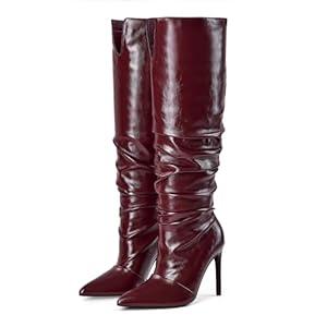 Elisabet Tang Women's Closed Toe Heeled Boot Pointed Toe Shoes Stiletto Heels Slip On Slouchy Knee High Boots For Women Sexy Dress Shoes Wine Red Size 7