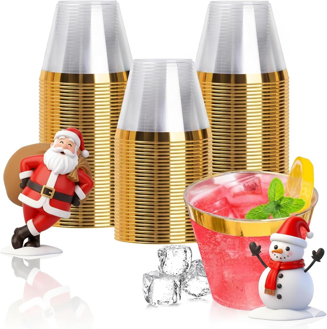 Goodluck 100PCS 9oz Gold Plastic Cups for Party, Disposable Gold Rim Cups, Plastic Cocktail Glasses for Wedding Thanksgiving, Christmas, and Parties