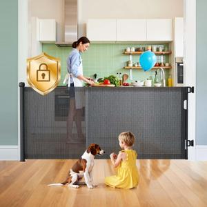 Hardware Mount Retractable Baby Gates for Stairs with Auto-Lock,33" Tall,Extends up to 71" Wide Mesh Double Lock Safety Baby Dog Pet Cat Gate for Doorways,Child Gate for Hallways Kitchen Indoor Black