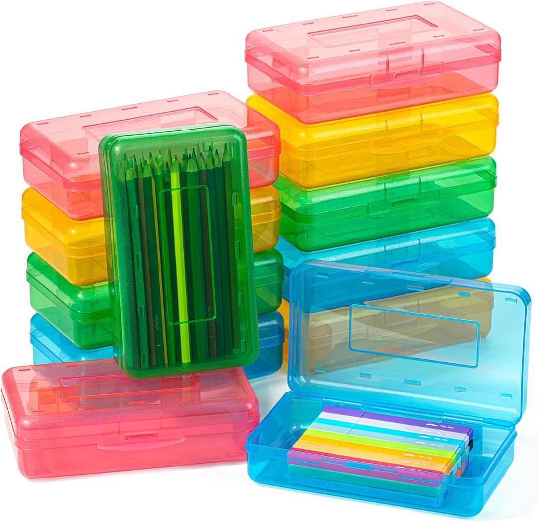 Mr. Pen- Clear Pencil Boxes Bulk, 12 Pack, Colorful, Snap-Tight Lid, Plastic Pencil Box Organizer, 7.9"x4.5"x2.4"