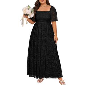 Plus Size Wedding Dress Bride Boho Lace Square Neck Long Maxi Dresses (Black), 16plus