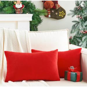 Pack of 2 Christmas Red Pillow Covers 12x20 Inch Decorative Throw Pillow Cover, Velvet Lumbar Pillowcases for Couch Sofa Bed, Home Boho Decor, Modern Soft Cushion Covers