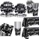 194pcs Happy New Years Eve 2026 Party Decorations for New Year Party Plates, Cup, Napkin, Tablecloth, Tableware, Black Silver Disco Disposable Party Supplies Plates Serve 24 Guests (Black and Sliver)