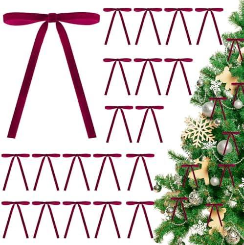 Flasoo 40 Pieces Velvet Bows for Christmas Tree, Velvet Clip on Bow Ornaments for Christmas Decorations(Burgundy, 5" x 7", Width of 3/8")