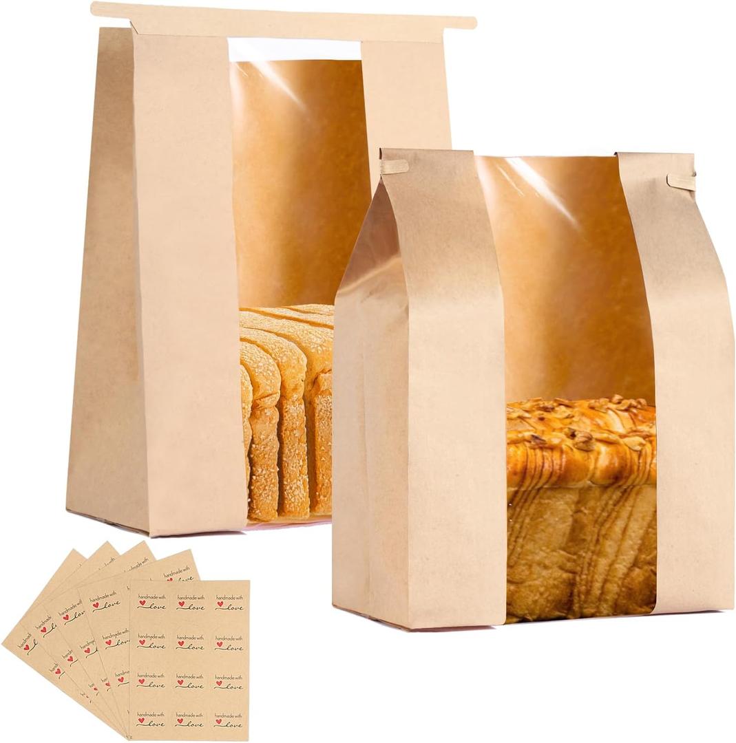 200 Pack Large Paper Bread Bags for Homemade Bread with Tin Tie Tab Lock,14" x 8.3" x 3.5" Sourdough Kraft Loaf Bag with Clear Front Window,Label Seal Sticker Included