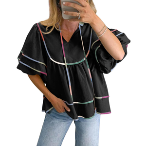 Cicy Bell Womens Summer Babydoll Tops V Neck Short Lantern Sleeve Shirts Cute Loose Fit Peplum Flowy Blouses XXL