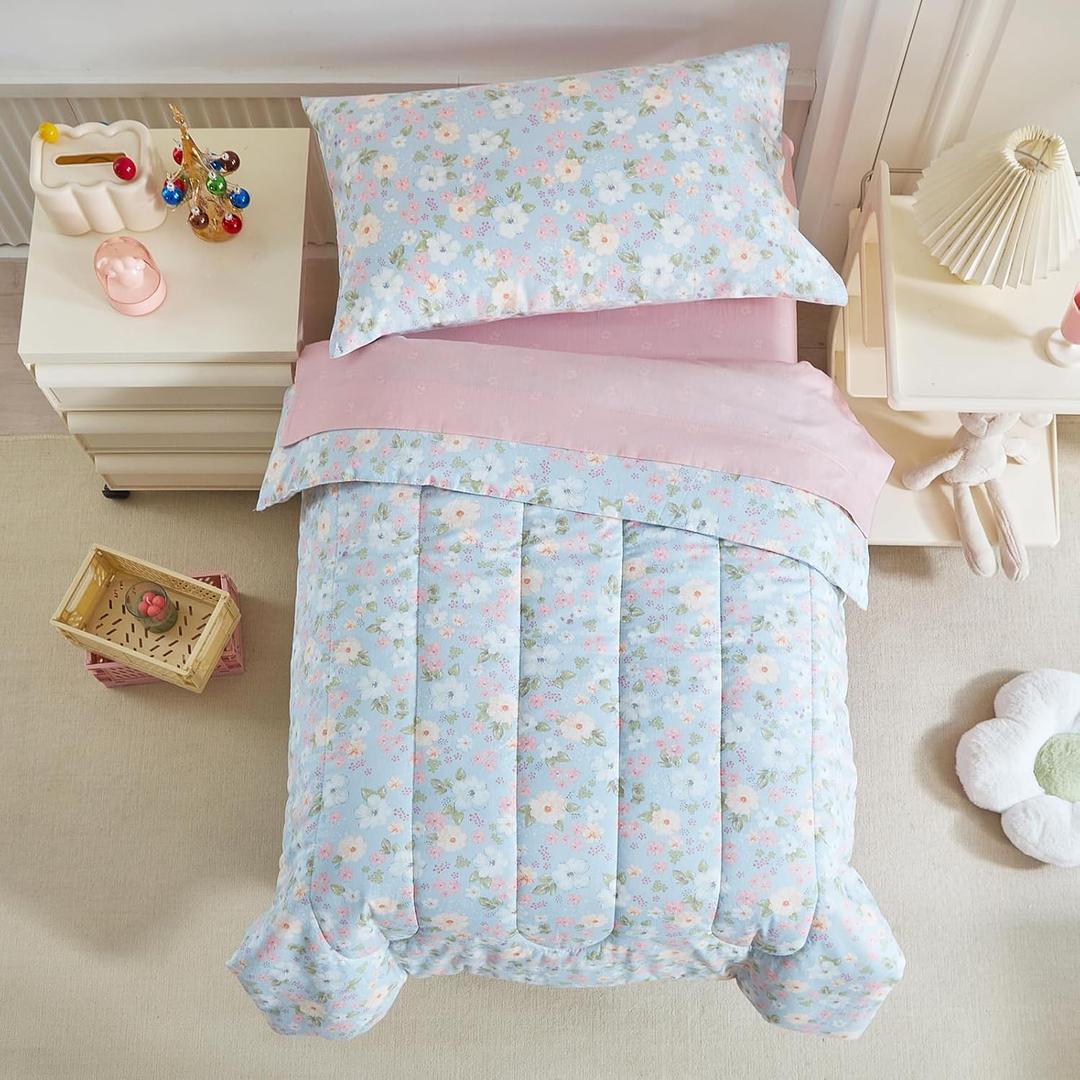 Joyreap 4 Piece Cotton Toddler Bedding Set for Girls- Colorful Flowers on Bluish Violet Design Toddler Comforter Set, Includes Quilted Comforter, Fitted Sheet, Top Sheet, and Pillow Case.All Pieces are Measured to Fit a Standard Size Toddler Bed.