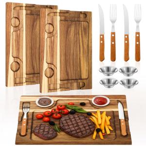 Honeydak 2 Set Acacia Wooden Steak Board Steak Plate Cutting Board with Fork, Knife and Sauce Cups 15.7 Inches Wood Serving Tray for Cheese Charcuterie Meat and Poultry, Birthday Wedding Gift