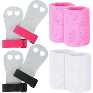 2 Gymnastics Grips Wristbands Sets for Kids Youth, Palm Protection and Wrist Support Sports Accessories for Workout Exercise (Pink, Black, White)