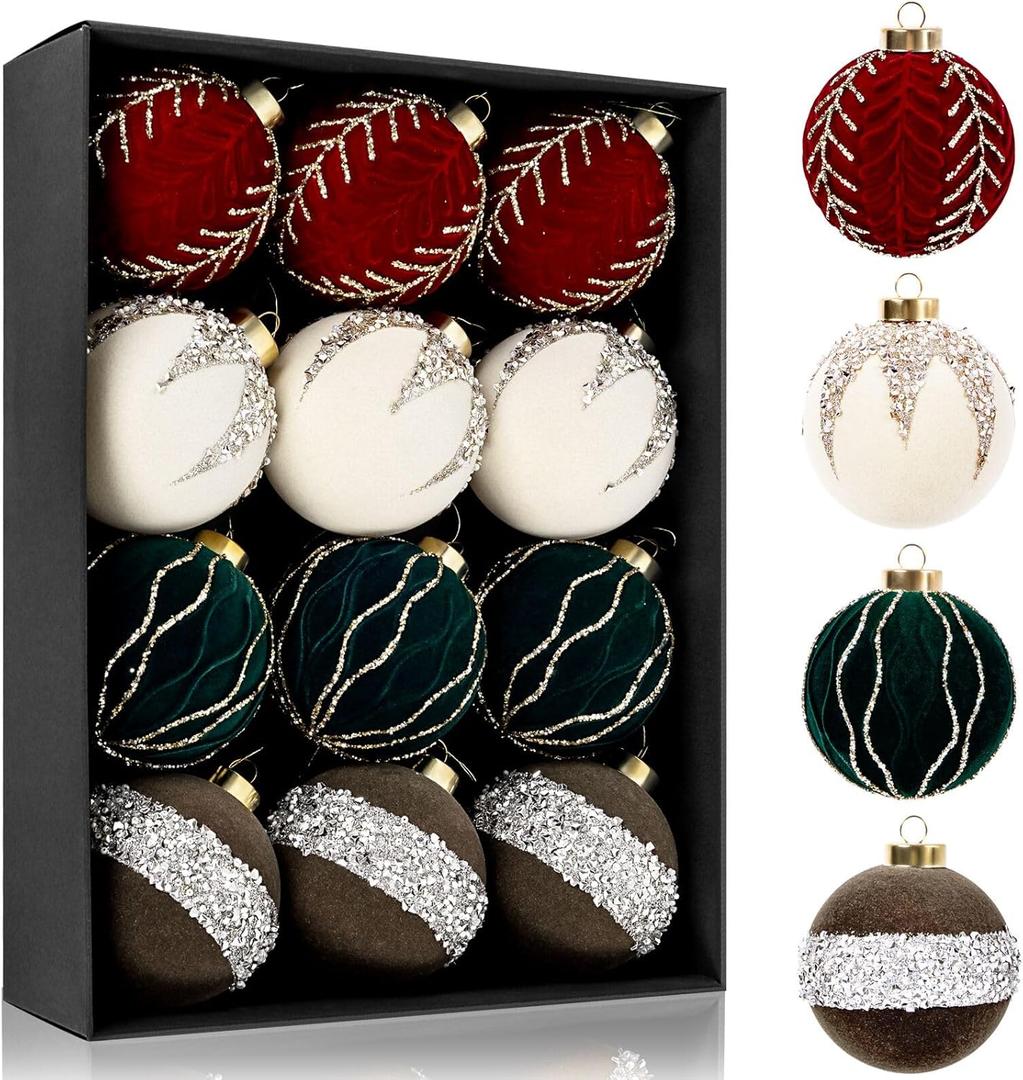 12PCS Velvet Christmas Ornaments - Christmas Balls Ornaments - 80mm Glitter Christmas Tree Decoration with a Delicate Gift Box for Christmas, Parties, Decorations(Burgundy Beige Green Brown) (Mixed Color)
