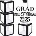 Graduation Decorations Class of 2025-4PC Clear Balloon Boxes with GRAD Letters, So Proud of You Props - Reusable Graduation Party Favors for College, High School (Black, 11.8 * 11.8 Inch)