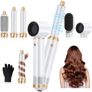 5 in 1 Blow Dryer Brush, Upgrade Hair Dryer Brush Air Curler Air Curling Wrap Styler, Detachable Hot Air Brush Negative Ion Curling Brush Iron, Hair Styling Tools for Drying Curling Straightening (White Gold)