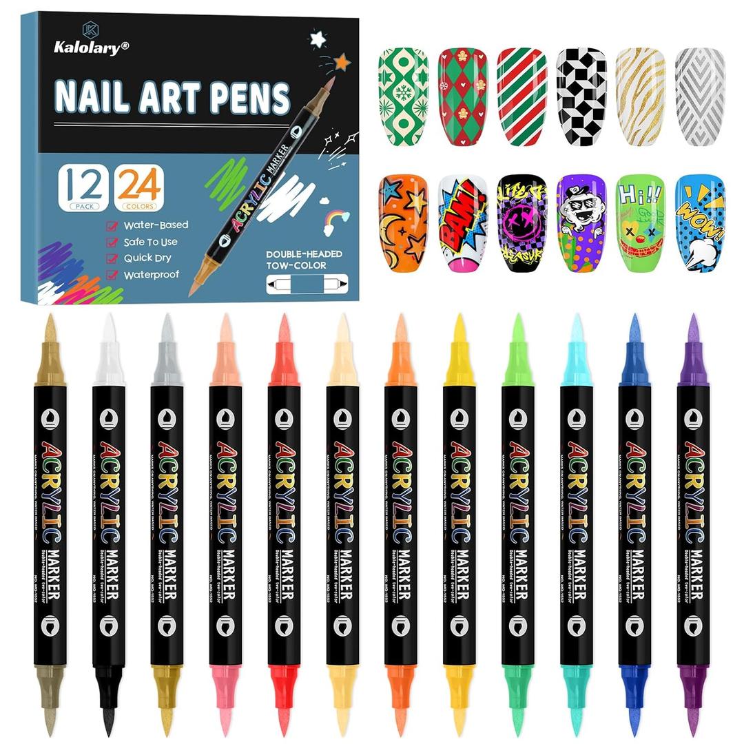 24 Color 3D Nail Art Polish Pens Set, Kalolary Nail Art Markers Point Graffiti Dotting Pen Drawing Painting Liner Double Headed Acrylic Paint for DIY Nail Art