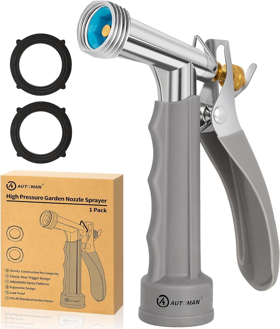 AUTOMAN Full Size Garden Hose Nozzle, High Pressure Pistol Grip Water Nozzle Sprayer with Threaded Front, Adjustable Spray Water Flow for Washing Car, Cleaning Ground, Watering Plants, Showering Pets (1 Pack)
