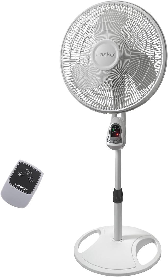 Lasko Oscillating Adjustable Pedestal Stand Fan with Timer and Remote for Indoor, Bedroom, Living Room, Home Office & College Dorm Use, 16 Inch, White, 1646
