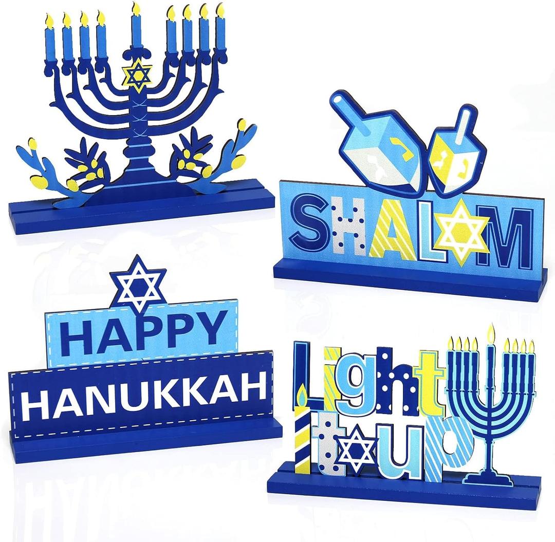 4 Pieces Hanukkah Party Decorations Wooden Chanukah Party Supplies Hanukkah Centerpieces Table Decorations for Home Holiday