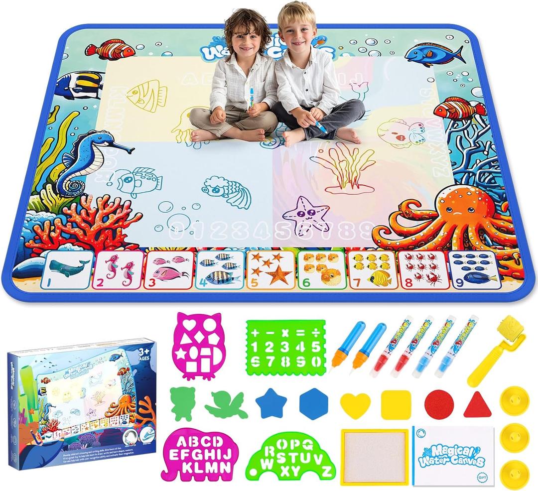 Water Doodle Mat,Kids Painting Mat, Toddlers Drawing Writing Toys,Reusable Coloring Mat, Birthday Christmas Gifts for 3 4 5 6 7 8 Years Old Boys Girls, 40 x 32 Inches (Blue)