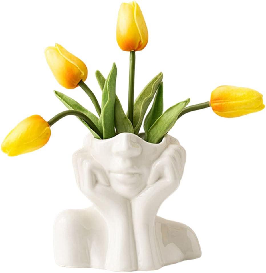 Large Ceramic Face Vase, White Flower Vases for Decor Female Form Head Half Body Vase Boho Unique Decorative Modern Style for Home Living Room Office Book Shelf (Large)