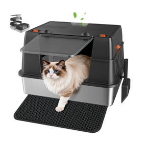Stainless Steel Litter Box with Lid, High Sided Enclosed Metal Litter Box for Big Cats, Easy Cleaning Anti-Urine Leakage, Non-Sticky Cat Box, Front Entry Top Exit KittyBox, Includes Mat & Scoop