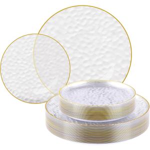 FOCUSLINE 60Pcs Clear Plastic Plates, Clear Disposable Plates with Gold Rim, 30 7" Salad Dessert Plate and 30 10" Dinner Plate Heavy-duty Hammered Plates for Party, Wedding