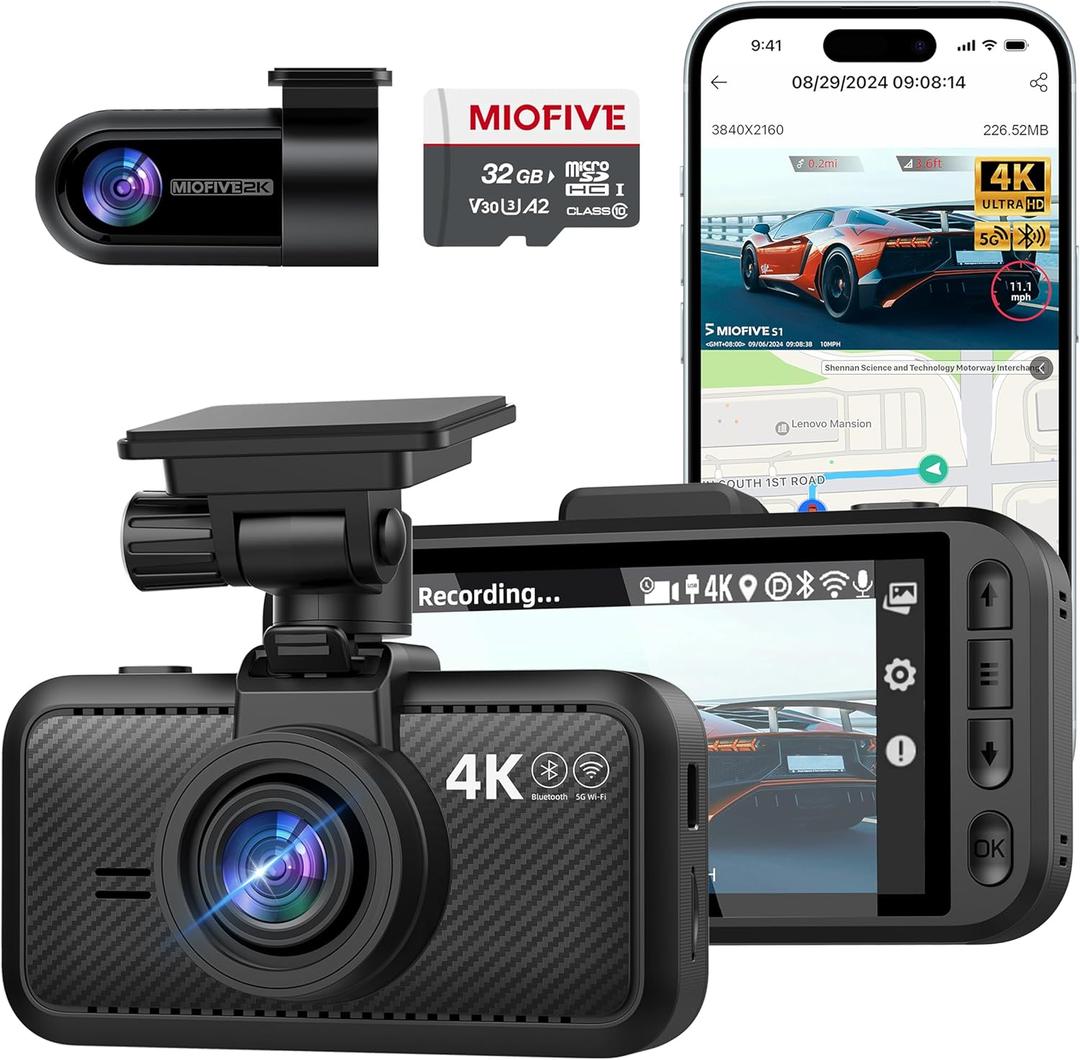 Miofive Dash Cam Front and Rear, 4K+2K Dual Dash Camera for Cars, Includes a 32GB Card, Built-in Wi-Fi, Bluetooth, GPS, Night Vision, HDR, 24-Hour Parking Mode, app Control, and Supports up to 512GB
