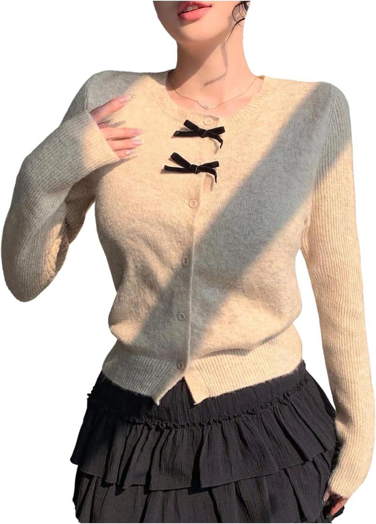 Women's Bowknot Front Button Down Sweaters Crew Neck Cute Cardigans Fall Tops (L)