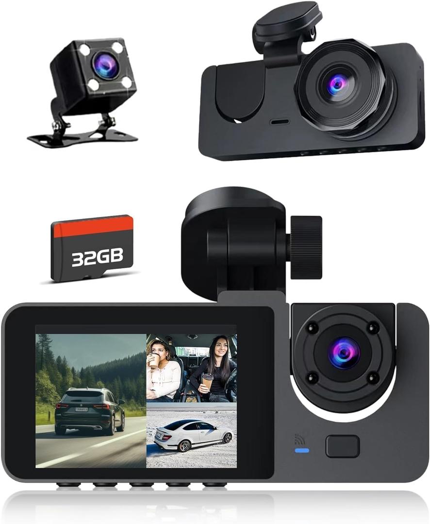 Dash Cam Front and Rear Inside, 4K Full HD Triple Dash Camera for Cars, Car Camera with 32GB Card,Built-in Loop Recording,G-Sensor - 81X1