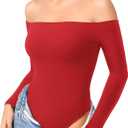 YEOREO Dacrly Strapless Bodysuit Long Sleeve Off Shoulder Leotard Double Lined Thong Bodycon Slim Fit Sexy Y2K Going Out Tops (Red) X