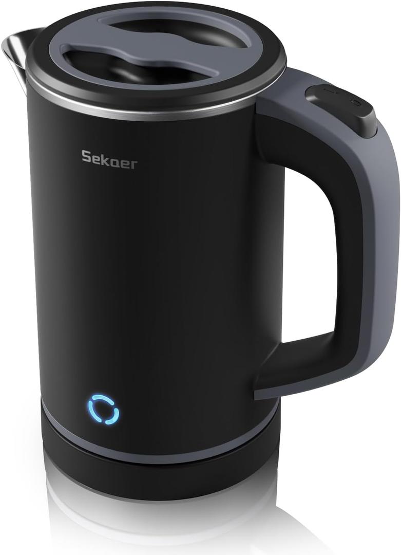Sekaer Small Electric Tea Kettle Stainless Steel 0.8L Portable Travel Hot Water Boiler, Mini Electric Coffee Kettle with Auto Shut-Off & Boil Dry Protection, Cordless Base & LED Indicator (Black)