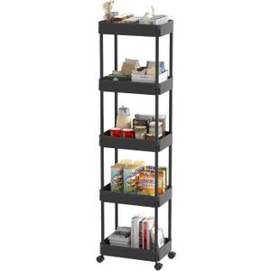 Sooyee 5Tier Plastic Rolling Utility Cart with Wheels, MultiFunctional Storage Trolley for Office, Living Room, Kitchen, Movable Storage Organizer with Wheels,Black