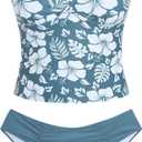 ZAFUL Women's Spaghetti Strap Tankini Swimsuits V Neck Tummy Control Tie Side Thong Bikini Swimsuits 2 Piece Bathing Suits (Large, 7-blue)