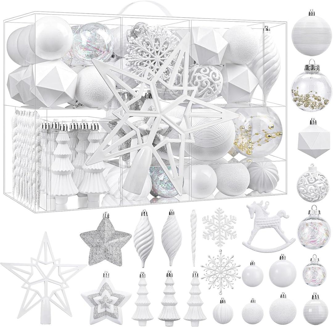 SHareconn 100pcs Christmas Tree Decorations Ornaments Set, Shatterproof Plastic Baubles Decorative Balls for Xmas Tree Decor Holiday Wedding Party, White