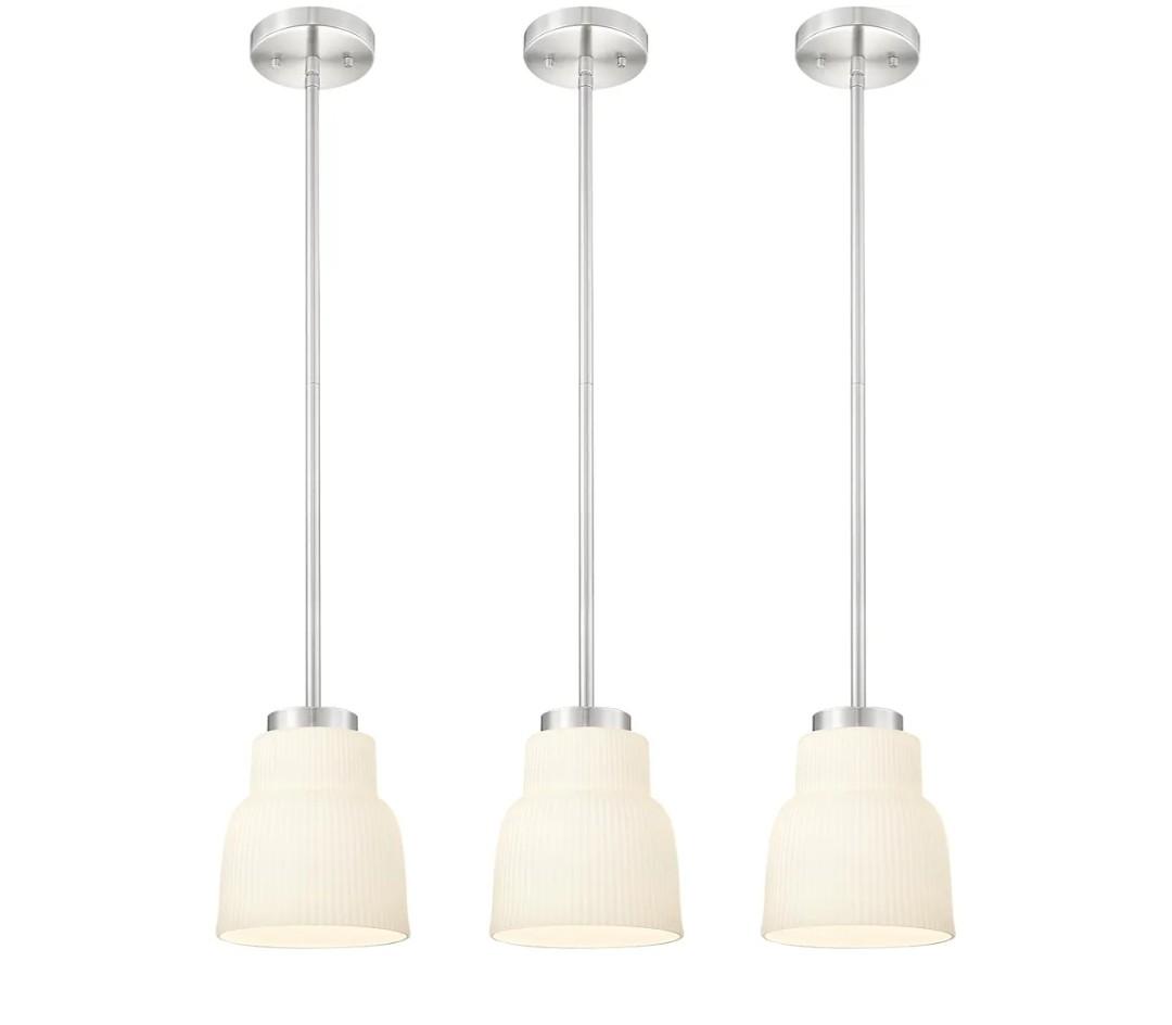 FEMILA 3 Pack 6.7" Vintage Light Fixtures, Milk Glass Kitchen Island Lighting, Brushed Nickel Antique Chandelier, Hanging Light Fixture for Bedroom Hotel Living Room, 4FYD87MIL-3PK BN