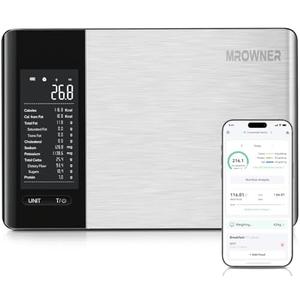 MrOwner Smart Food Kitchen Scale with Nutritional Calculator, Free App with 19 Nutrients Tracking, Calorie, Marco, Digital Weight Grams and Ounces for Weight Loss, Premium Stainless Steel, 22lb