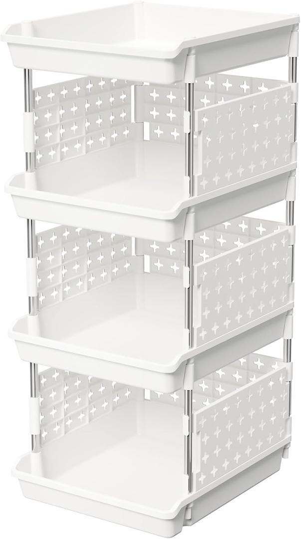 Lifewit Plastic Stackable Storage Baskets, 4 Tier Stacking Bins for Food and Clothes, Multifunctional Organizer for RV, Kitchen, Playroom, Pantry and Bathroom, 13.8"D x 11.8"W x 28.3"H, 1 Pack, White