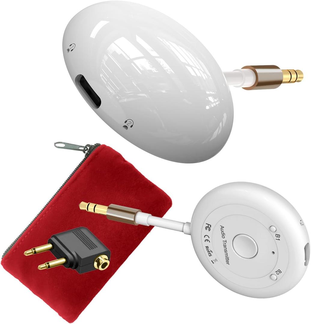 Airplane Bluetooth 5.3 Transmitter Adapter-Low Latency Wireless Audio for AirPods/Earbuds/Headphones on Flights, Gym, TV, with 3.5mm AUX Jack (White)