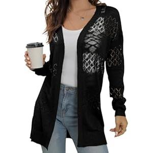 GRECERELLE Women's Lightweight Crochet Long Sleeve Loose Casual Open Front Cardigan Drape Sweaters Boho Summer Beach Coverups 
Black, X-Large