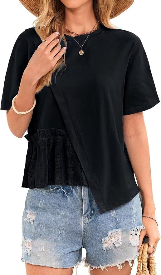 No Brand Women's Summer Tops Floral Lace Chiffon Crochet Blouses Asymmetrical Hem Short Sleeve Shirts Round Neck Trendy Tunic L, Black