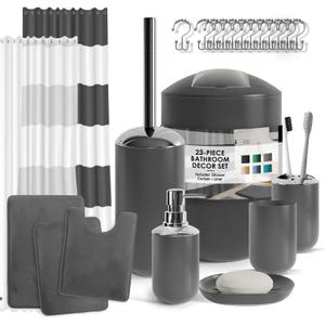 Clara Clark Bathroom Set - Gray Bathroom Accessories Set, Bathroom Sets with Shower Curtain and Rugs, 23PC Shower Curtain Set with Liner, Soap Dispenser, Soap Dish, Toilet Brush Holder, and Can (Grey)