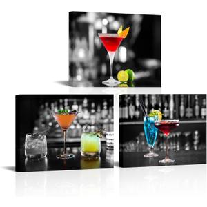 RnnJoile Cocktail Canvas Wall Art Black and White Bar Picture Prints Wine Paintings for Dining Room Bar Pub Decor Framed 12"x16" for Each (Small)