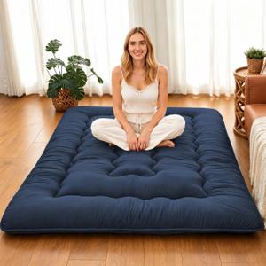 DAICO Japanese Floor Mattress, 4'' Thick Roll Up Futon Mattress Full Size | High Density Foam Tatami Mat, Comfortable Sleeping Pad for Guest Room, Camping & Floor Bed, Removable Cover, Navy, 54''x80''