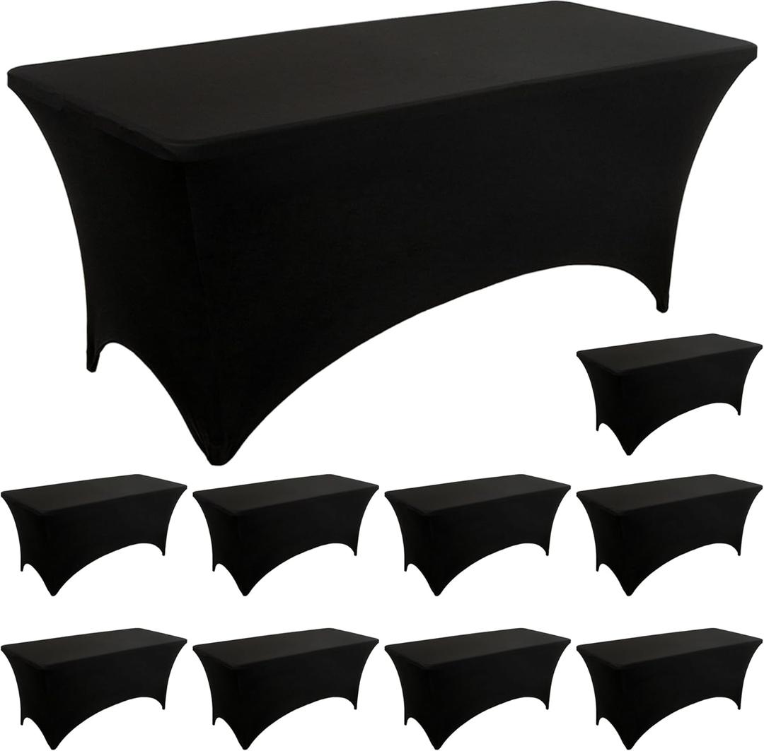 10 Pack Rectangle Table Cloths, Black Spandex Table Covers 6FT, Black Washable Fitted Tablecloths with Tight Stretch for Party/Banquet/Wedding/Event (10PACK-6FT)