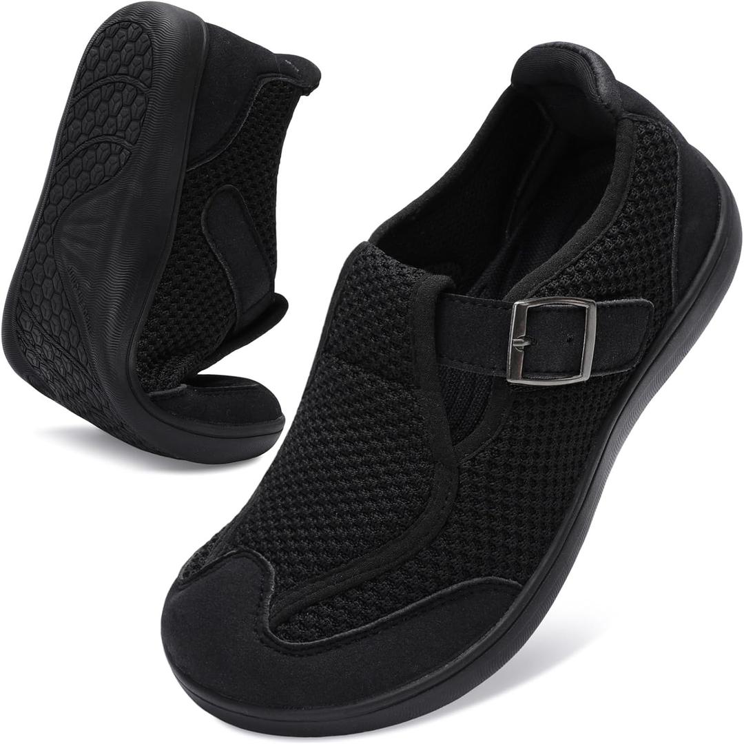 BARERUN Womens Walking Shoes Wide Diabetic Shoes for Women Slip On Barefoot Orthopedic Bunion Neuropathy Arthritis Edema Bunion Sneakers Indoor Outdoor with Zero Drop Rubber Sole (6.5 Wide, Black)
