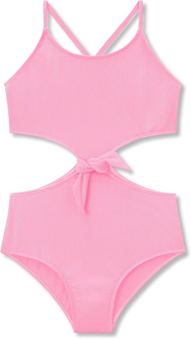 Dvenki Big Girls Pink One Piece Swimsuit - High Waisted Cutout Cross Back Adjustable Straps Bathing Suit Size 14