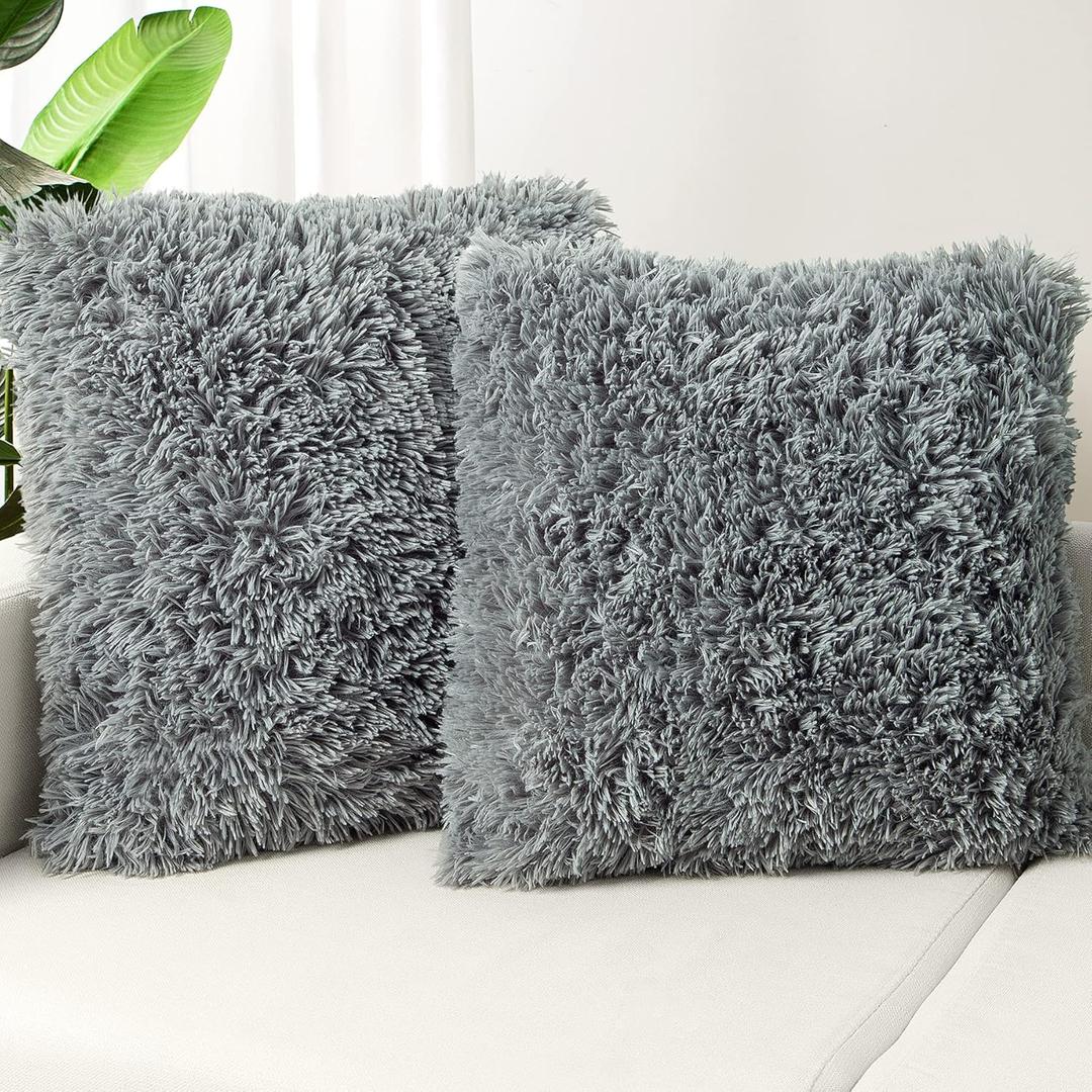 TOONOW Set of 2 Decorative Throw Pillow Covers 20x20, Gray Fluffy Pillow Covers New Luxury Faux Fur Square Sofa Pillow Covers for Sofa Couch Living Room Bedroom, No Pillow Insert (Grey)